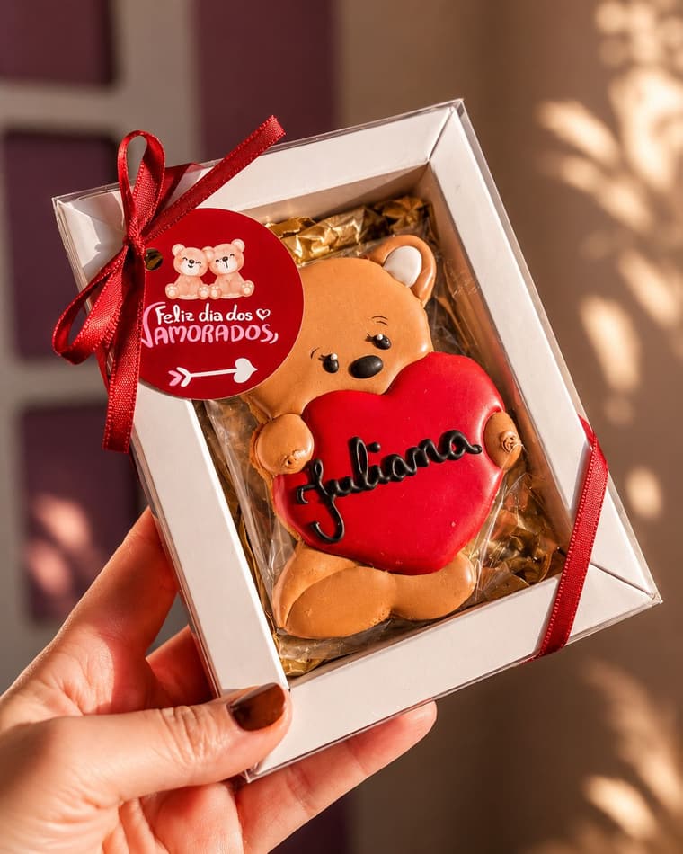 Caixa Ursinho do Amor — biscoitos decorados para o Dia dos Namorados