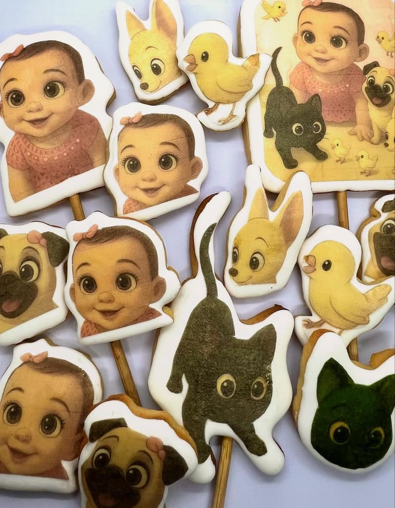 Dezenas de biscoitos decorados com rostinhos de bebê e bichinhos, em tons neutros